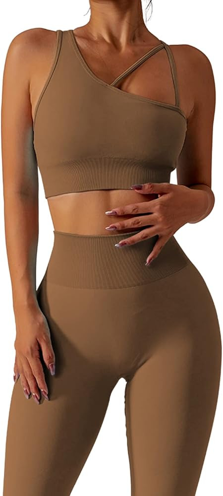 QINSEN Workout Sets for Women Seamless Sports Crop Tops High Waisted Leggings Two Piece Outfits | Amazon (US)