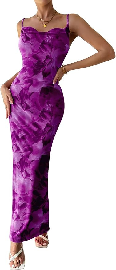 PRETTYGARDEN Women's 2024 Summer Floral Spaghetti Strap Maxi Dress Stretch Sexy Bodycon Dress Bac... | Amazon (US)