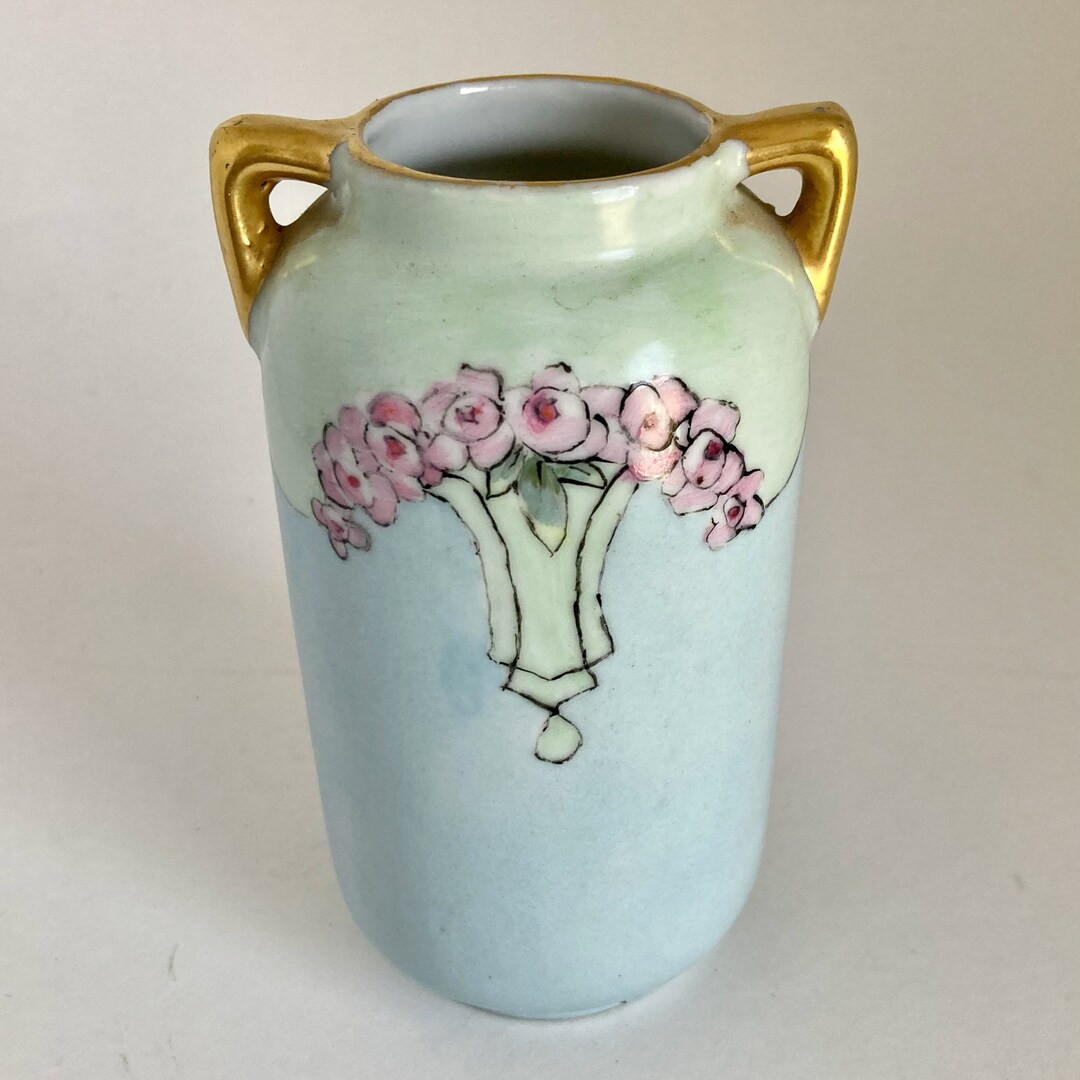 Art Nouveau, Vintage Vase, Floral Design, Blue Pink Green, Golden Handles, From Japan, 3 X 5 Inch... | Etsy (US)