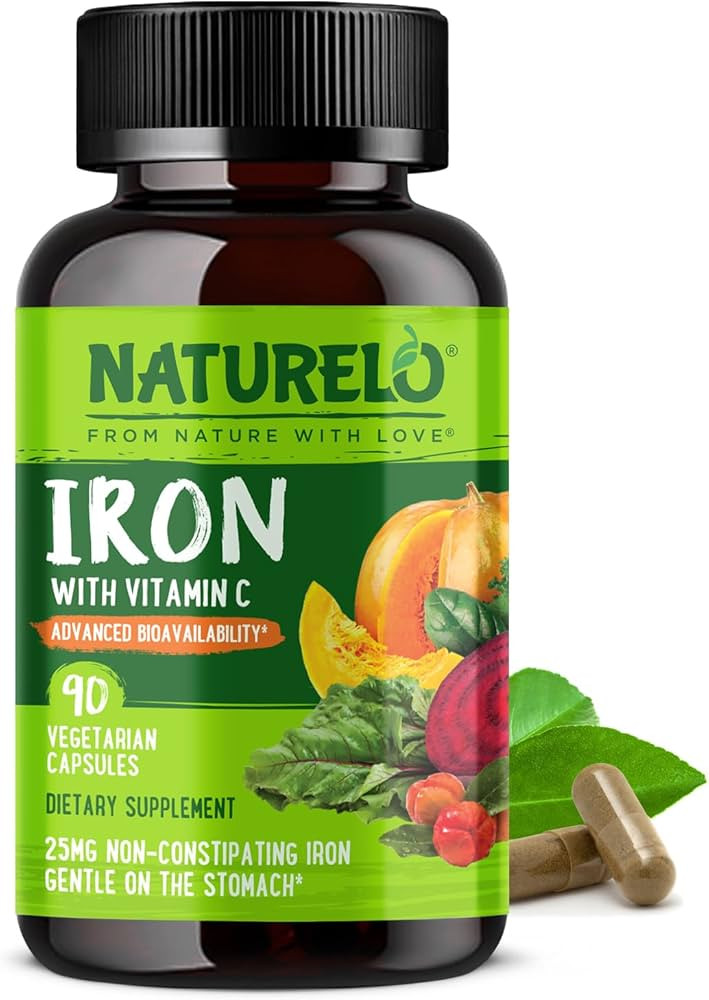 NATURELO Vegan Iron Supplement with Vitamin C and Organic Whole Foods - Gentle Iron Pills for Wom... | Amazon (US)