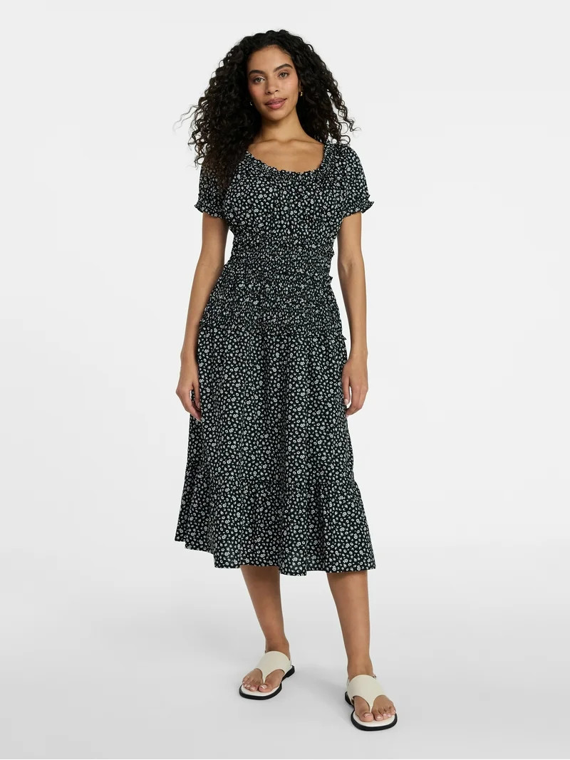 Time and Tru Women's Smocked Cotton Peasant Dress with Short Sleeves, Sizes XS-XXXL | Walmart (US)