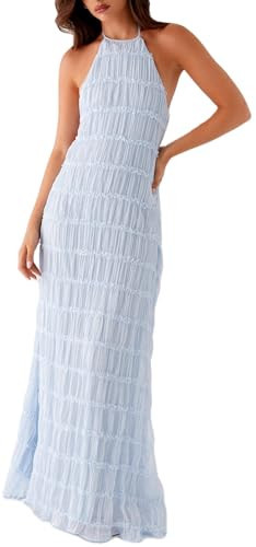 Yiulangde Women's Backless Smocked Maxi Dress Sexy Spaghetti Strap Cut Out Flowy Beach Long Dress Vacation Casual Sundresses Blue | Amazon (US)
