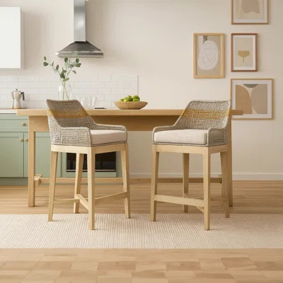 Avira 30 Inch Set Of 2 Barstool Chairs | Handcrafted Mango Wood | Cotton Rope Weaving | Beige Cushion | Wayfair North America
