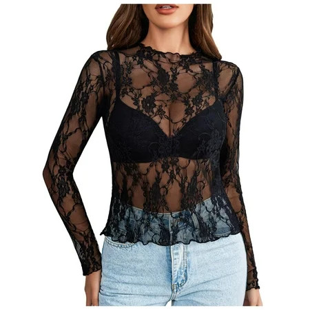 Womens Shirt Women s Mesh Top Long Sleeve Neck Sheer Blouse See Through Floral Lace Tops Womens Tops | Walmart (US)