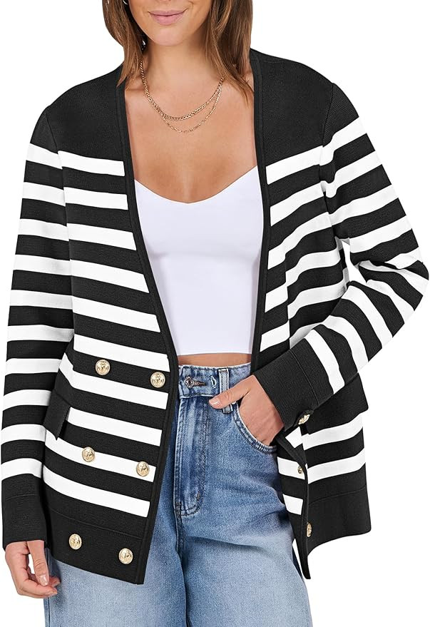 ANRABESS Women Striped Cardigans Oversized Button V Neck Crossover Knit Casual Sweater Jacket 202... | Amazon (US)
