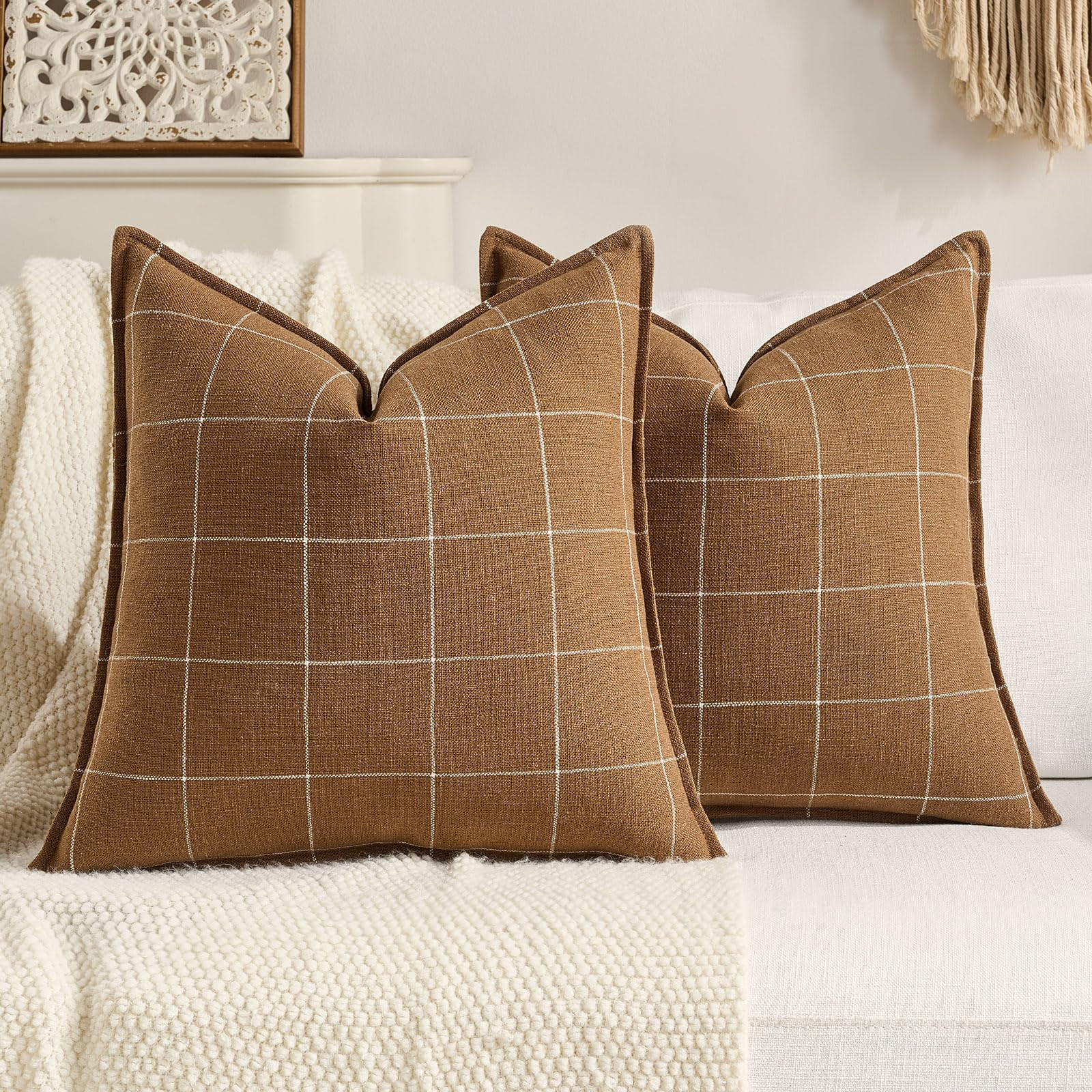 CARRIE HOME Black and White Plaid Boho Pillow Covers 20x20 Set of 2, Farmhouse Decorative Linen W... | Amazon (US)