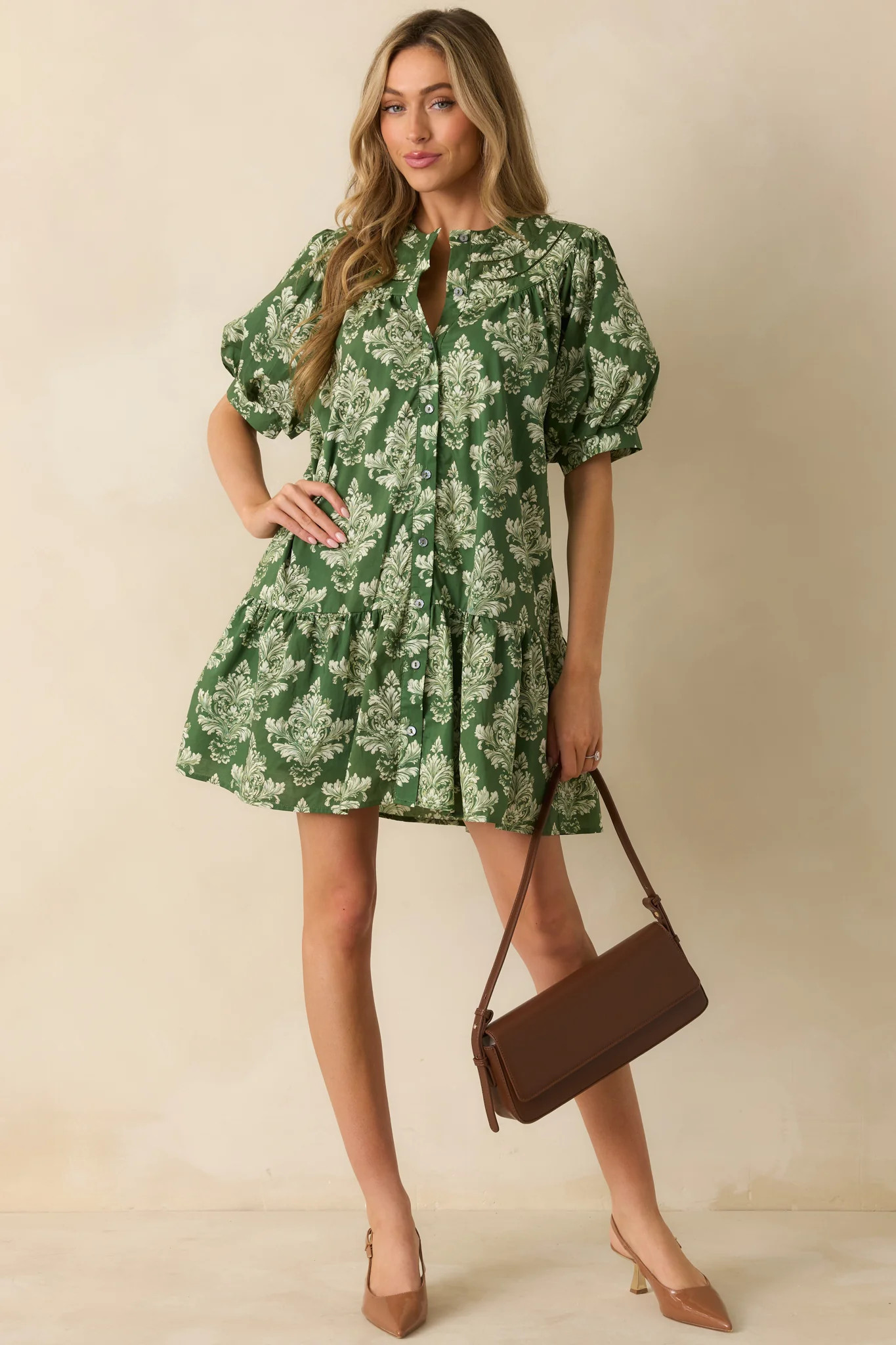 Heirloom Grace Green Damask Print Cotton Mini Dress | Red Dress