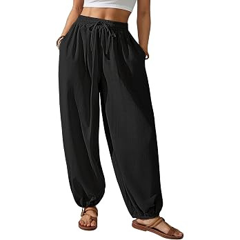 Bsubseach Cotton Harem Pants Women Balloon Trouser Wide Leg Baggy Pants | Drawstring Elastic Wais... | Amazon (US)