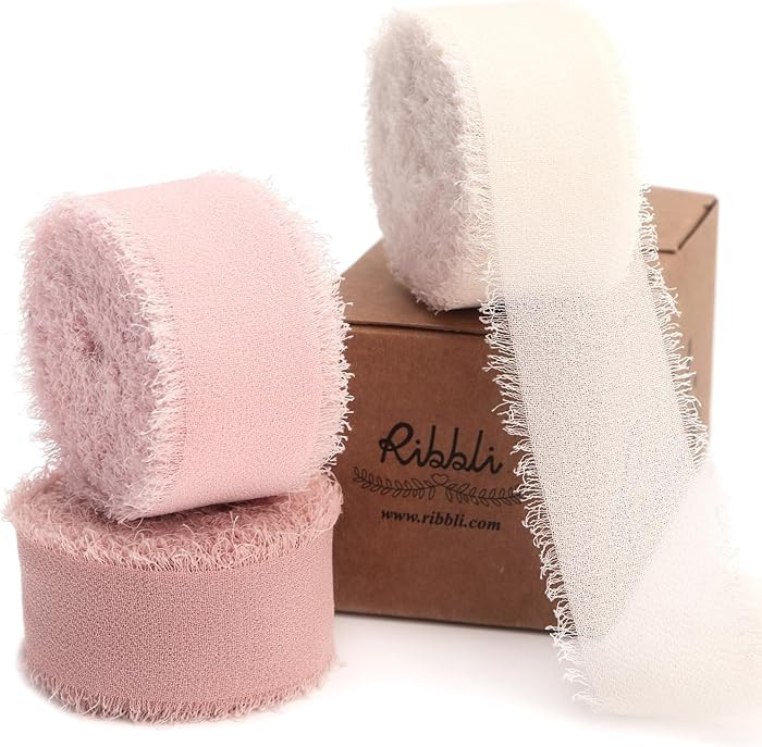 Ribbli Pink Ribbon 1 Inch x 3 Rolls Total 24 Yards Cream/Blush Pink/Rose Gold Handmade Fringe Chi... | Amazon (US)