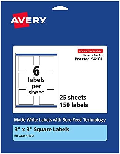 Avery Matte White Square Labels with Sure Feed, 3" x 3", 150 Matte White Printable Labels | Amazon (US)