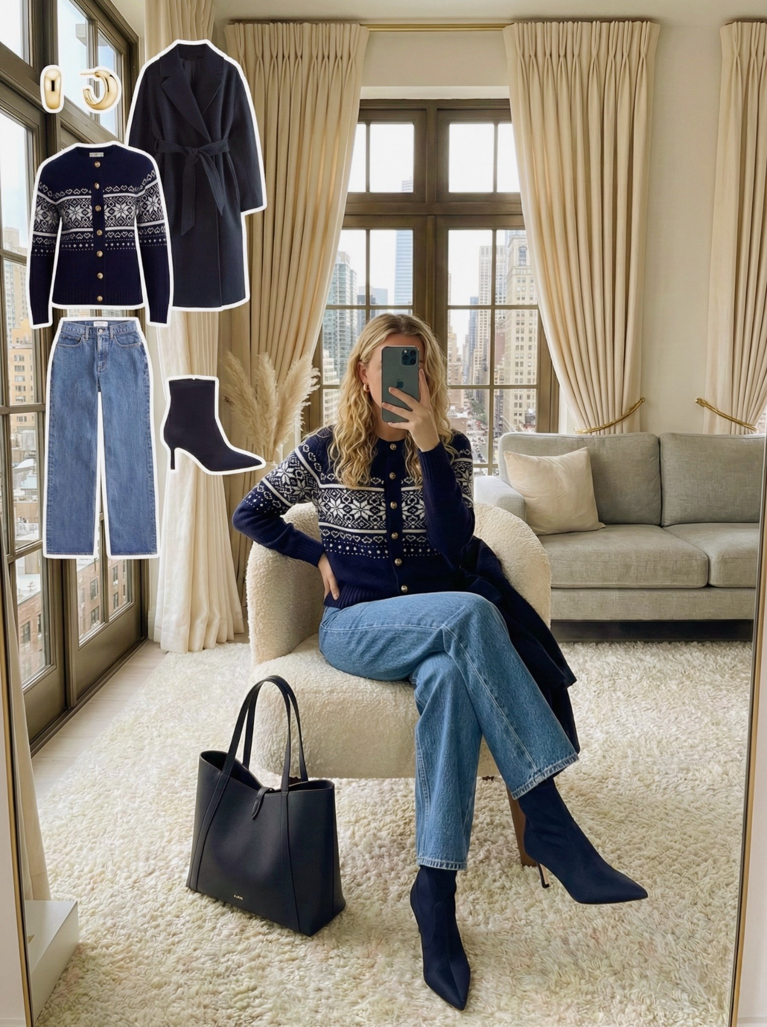 Navy Fair Isle cardigan and jeans outfit 💙❄️

A chic, monochromatic winter look. Styling this festive navy Nordic print cardigan with classic blue denim and matching navy sock boots. The gold button details add a polished touch, making it perfect for holiday gatherings or casual office days.

Style Details:
• Navy Fair Isle knit cardigan (Gold buttons)
• Blue straight-leg jeans (Vintage wash)
• Navy pointed-toe sock boots (Stiletto heel)
• Navy structured leather tote bag
• Navy wool wrap coat (Layering piece)

Recreate this festive everyday style with the similar links below!

Are you a fan of the navy monochrome look? Yes or No? 👇

#LTKHoliday #LTKSeasonal #LTKootd

#LTKHoliday #LTKgrwm #LTKootd