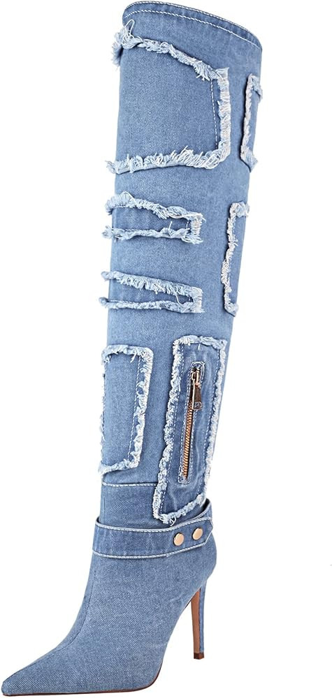 vivianly Womens Thigh High Boots Denim Pointy Toe Over The Knee Boots Stiletto Heel Long Boots | Amazon (US)