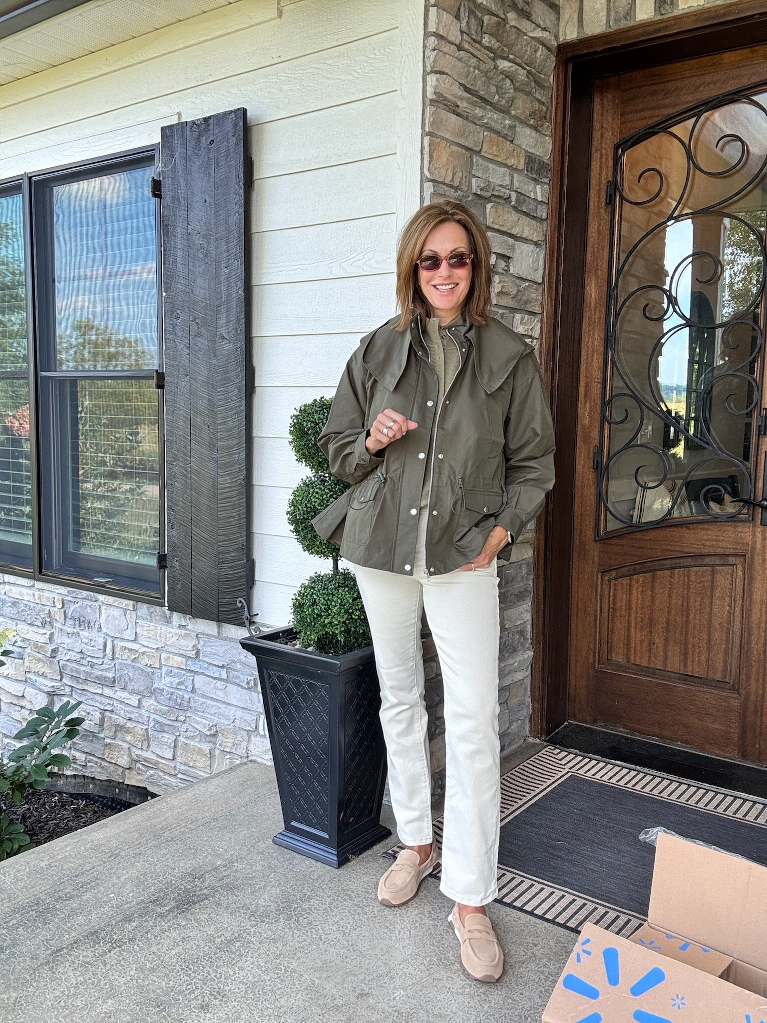 Waffle knit - large Ecru straight leg jeans - 28 Floral Jacquard jacket- medium Hooded jacket - medium Cargo jacket - medium Fall styles

#LTKootd #LTKSeasonal #LTKOver40
