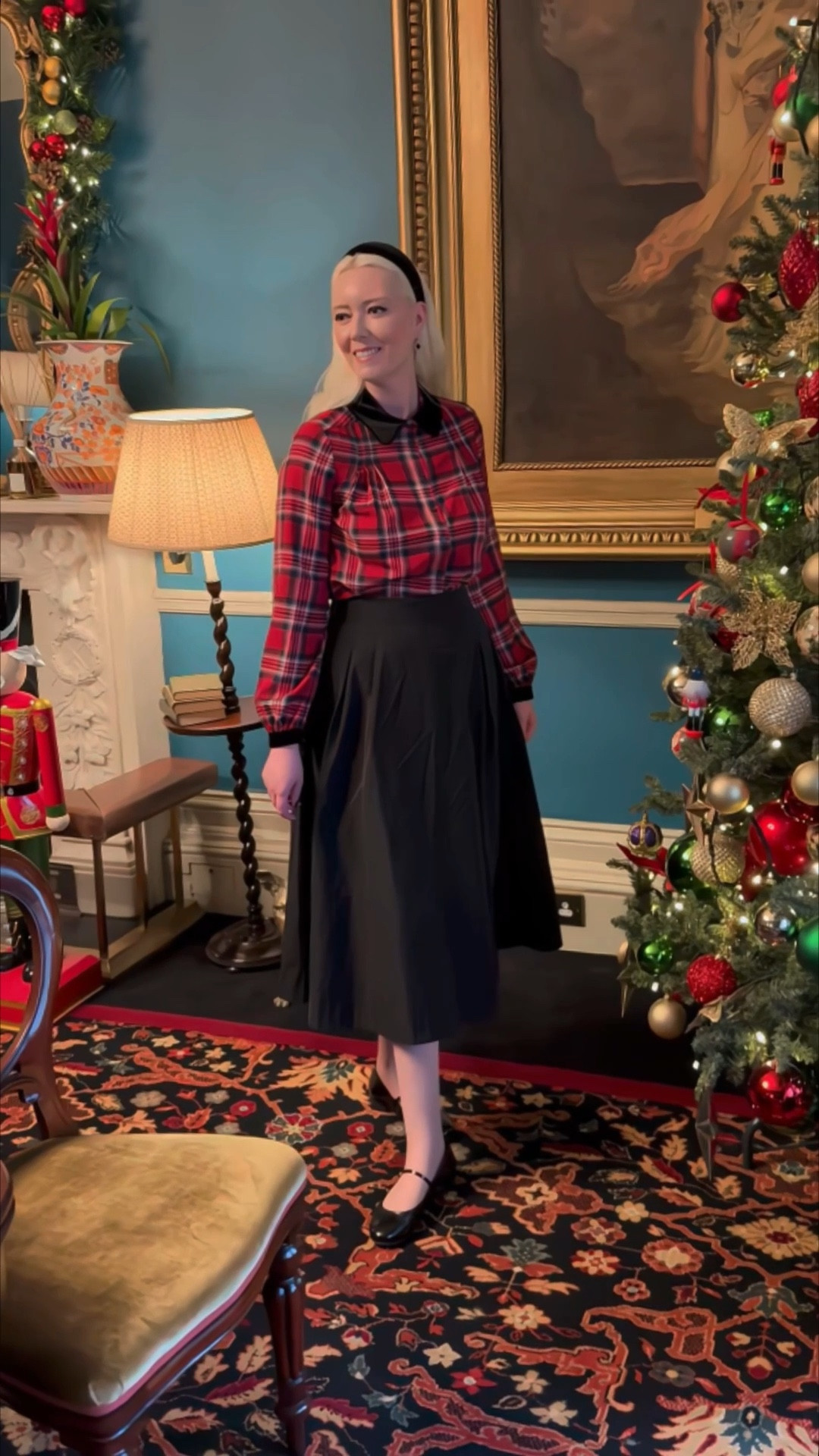 Nothing says Christmas like red tartan and this beautiful blouse by Boden features a lovely soft material and black velvet collar and cuffs! 

I teamed it with a black taffeta midi skirt, wide black velvet headband, the Black Onyx Clover Hoop Earrings by Jon Richard and black patent Mary Jane flats by Sezane. Plenty of styling options on the product list! 

#LTKfestive #LTKgiftguide #LTKeurope