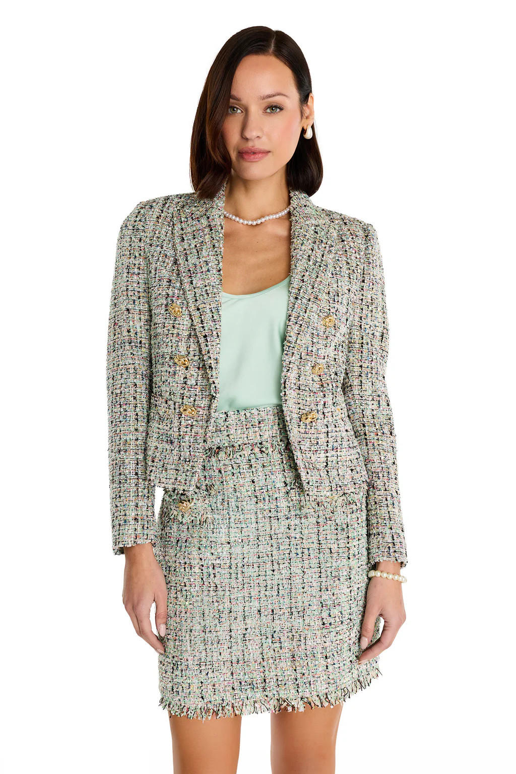 Gabrielle Double Breasted Tweed Blazer - Teal Multi | The Noli Shop