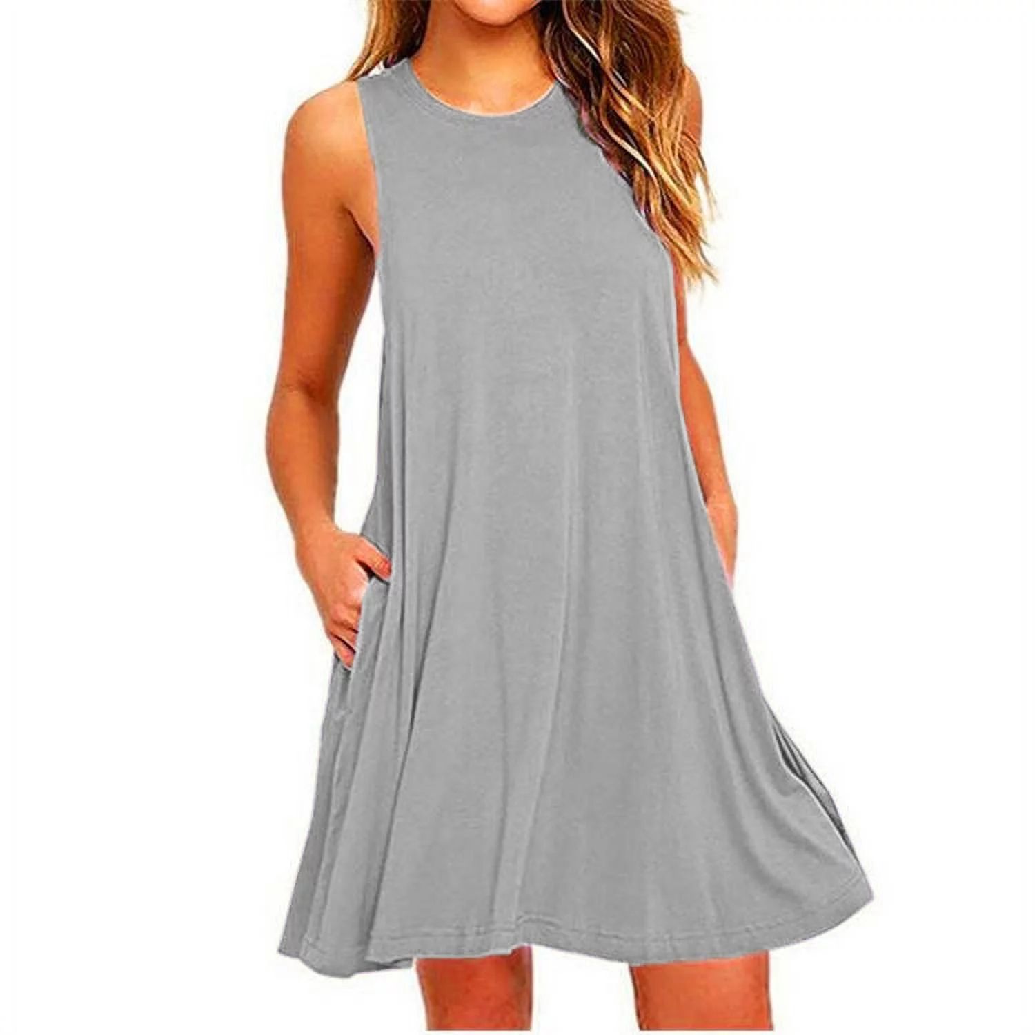 FAMTKT Summer Dresses for Women 2024 Casual Loose Swing Sleeveless Crewneck Sundress Solid Color ... | Walmart (US)