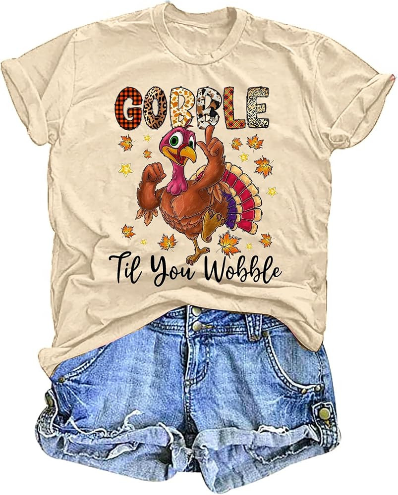Thanksgiving Shirts for Women Gobble Til You Wobble T Shirt Gobble Turkey Short Sleeve Graphic Te... | Amazon (US)