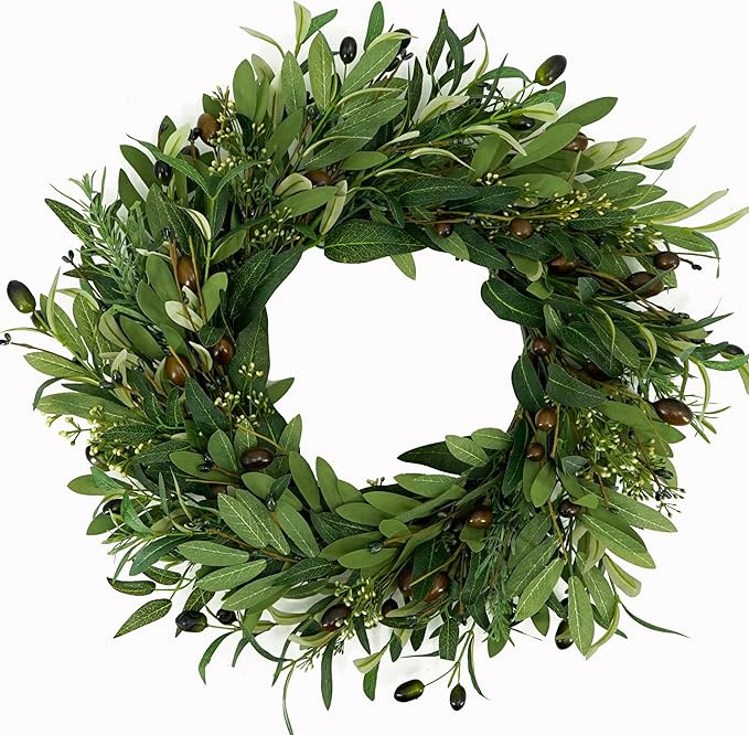 Artificial Green Olive Wreath for Front Door Greenery Wreath with Olive Leaves, Bean for Spring S... | Amazon (US)