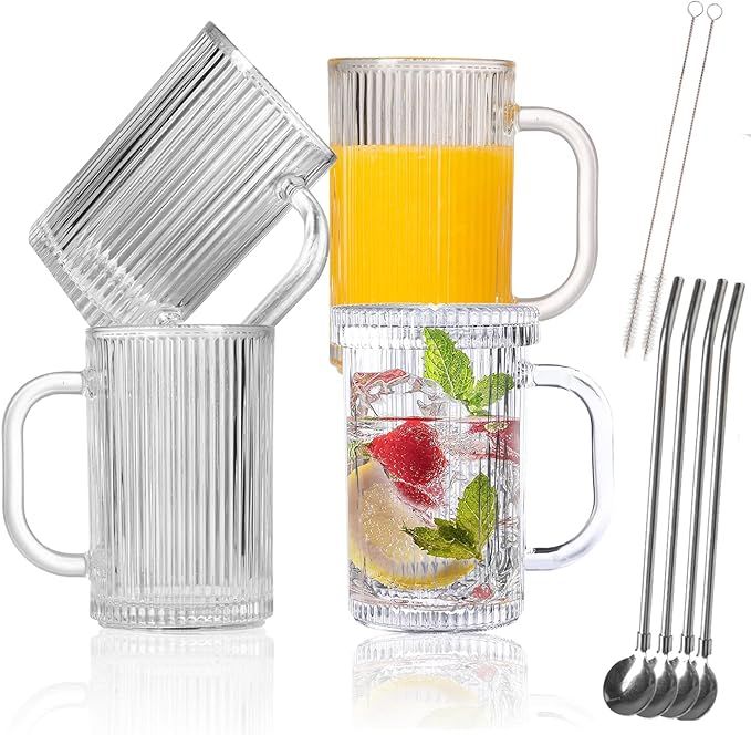 Glass Coffee Mugs Clear Mug - 14 Oz Ribbed Mugs with Straw Spoon Classical Vertical Stripes Glass... | Amazon (US)