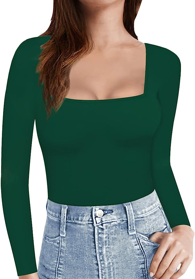 MANGOPOP Womens Short Sleeve/Long Sleeve Square Neck T Shirts Tops Tees | Amazon (US)