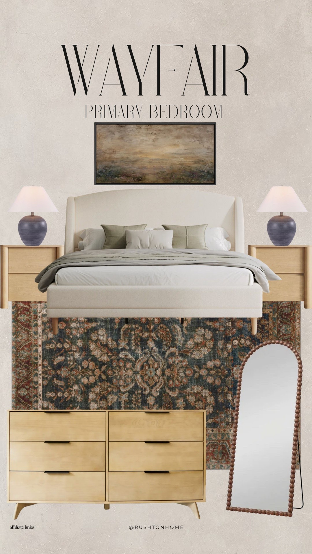 Wayfair Primary Bedroom, Wayfair bedroom furniture, primary bedroom design, upholstered bed frame, neutral bedroom decor, wood nightstands, bedroom lamps, vintage area rug, landscape wall art, wood dresser, full length mirror, bedroom makeover, traditional bedroom style, cozy bedroom inspiration, neutral home design, classic bedroom decor, affordable bedroom furniture, Wayfair finds, warm neutral bedroom, designer bedroom look, bedroom styling ideas

#LTKHome #LTKmomlife #LTKdayinmylife