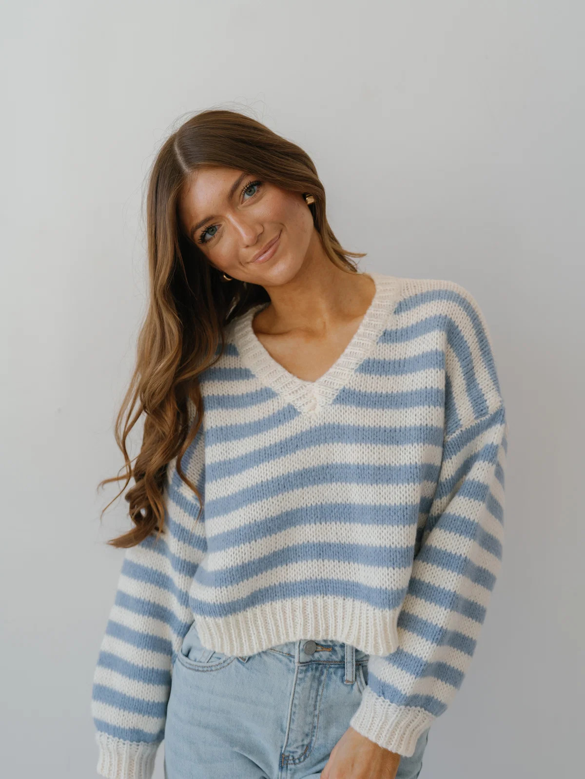 Cozy Moments Sweater - White/Lt. Blue Stripe | Landry Kate