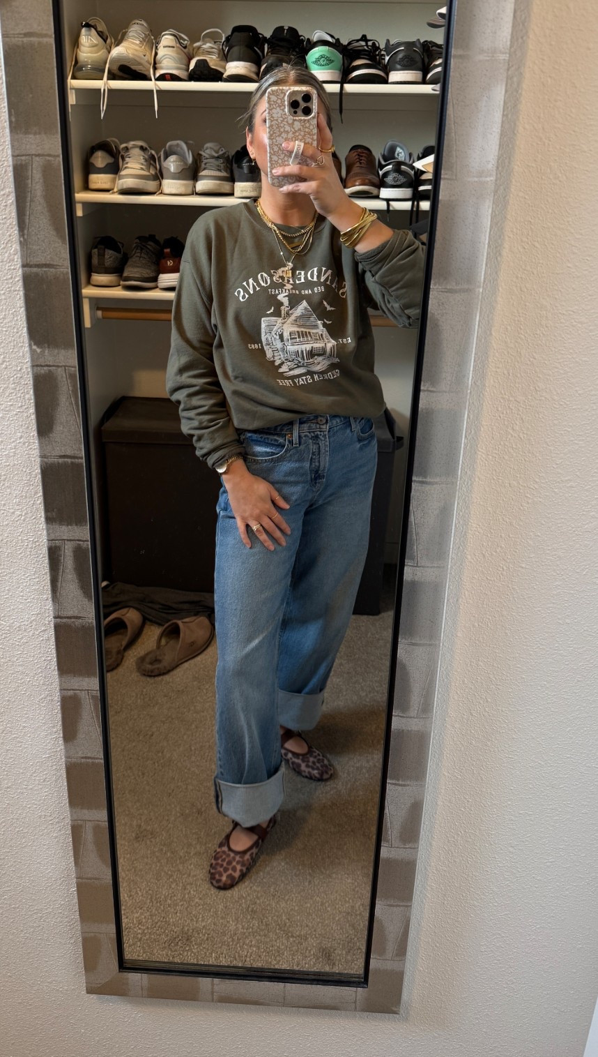 Sweatshirt is old from Etsy, found similar on Amazon. Sized down in jeans 