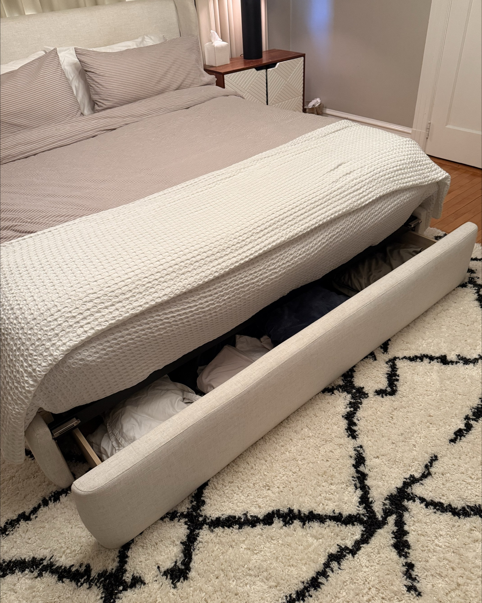 I can’t believe how much I love this Castlery “Dalton” king size bed. I purchased just from seeing videos online & I have no regrets. It was delivered & put together in a timely manner. 2 side drawers & the giant drawer at the foot of the bed we store more bedding & pillows. 

#LTKU #LTKHome #LTKFamily