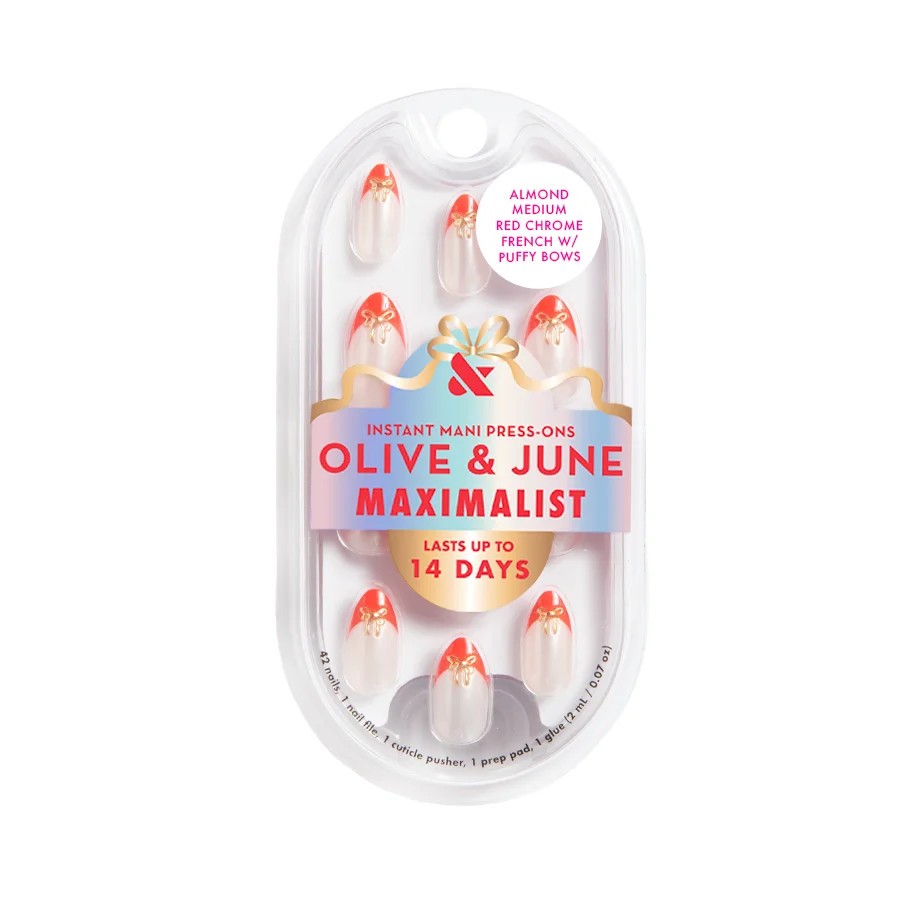 Olive & June Press On Maximalist Red Chrome French with Puffy Bows, Medium, Almond | Walmart (US)