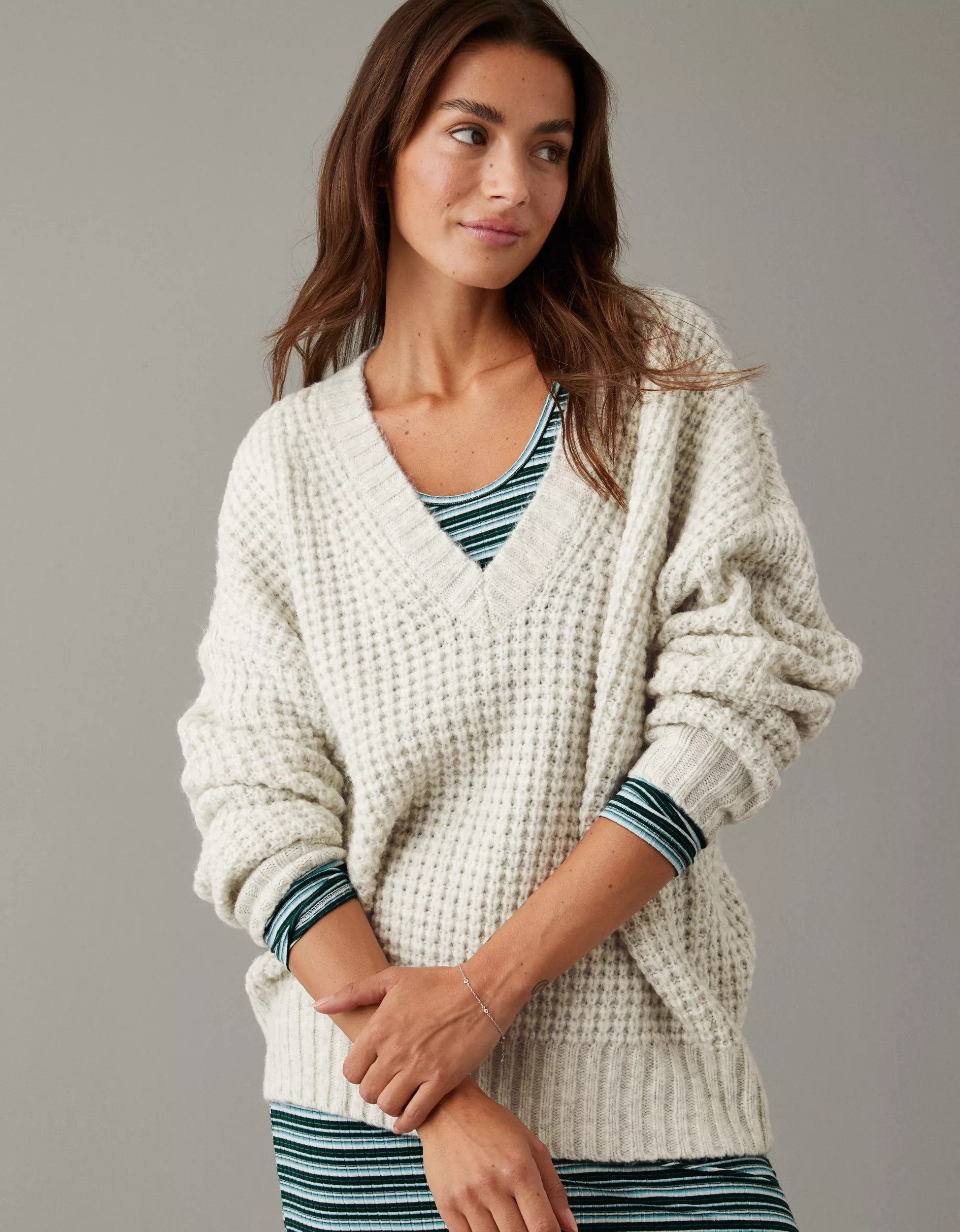 AE Whoa So Cozy Waffle V-Neck Sweater | American Eagle Outfitters (US & CA)