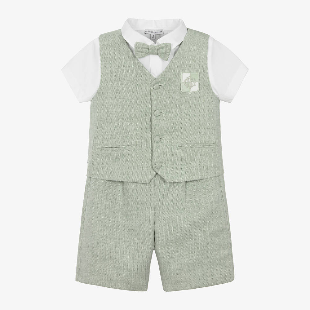 Boys Green Cotton & Linen Waistcoat Suit | Childrensalon