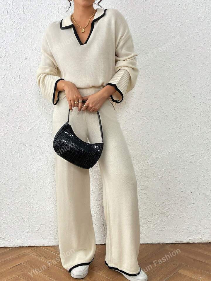Color Blocking Trim Collar Long Sleeve Sweater & Pants Set, Casual Wear | SHEIN USA | SHEIN