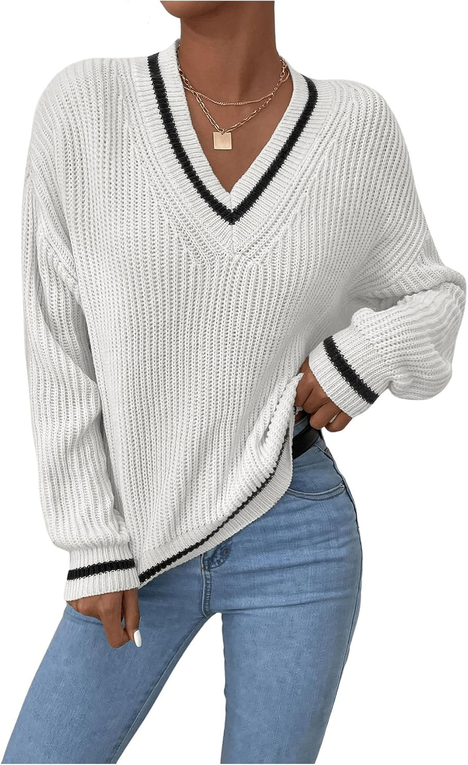 OYOANGLE Women's Ribbed Knit Preppy Sweater Long Sleeve V Neck Drop Shoulder Top | Amazon (US)
