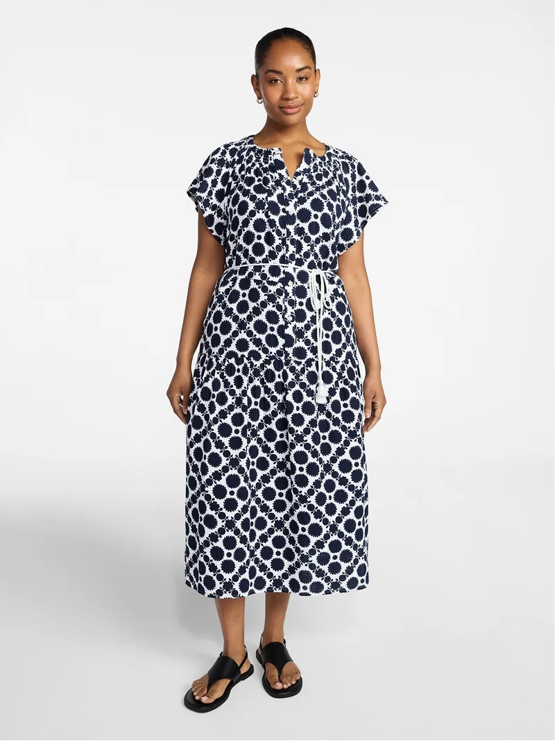 Time and Tru Women's Cotton Double Cloth Midi Dress with Short Flutter Sleeves, Sizes XS-XXXL | Walmart (US)