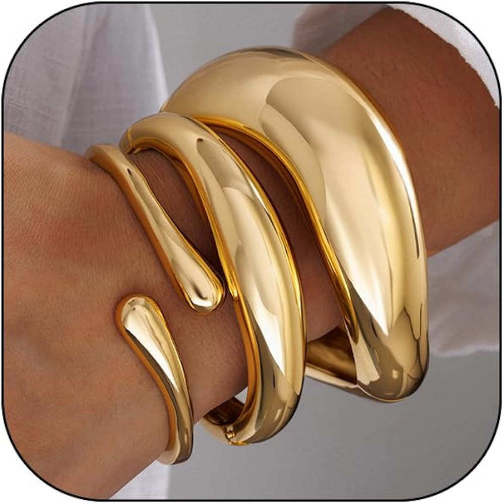 Chunky Gold Bangle Bracelets for Women, 14k Gold Plated Trendy Stackable Bangles Set, Dainty Cuff... | Amazon (US)