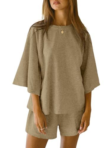 Tankaneo Womens 2 Piece Outfits 3/4 Sleeve Tops and Elastic Waist Shorts Lounge Sets Loungewear | Amazon (US)