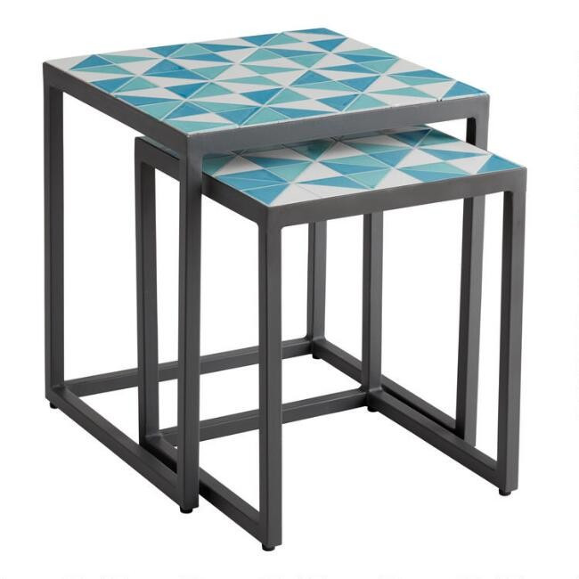 Blue and Aqua Tile Marcella Outdoor Nesting Tables Set of 2 | World Market