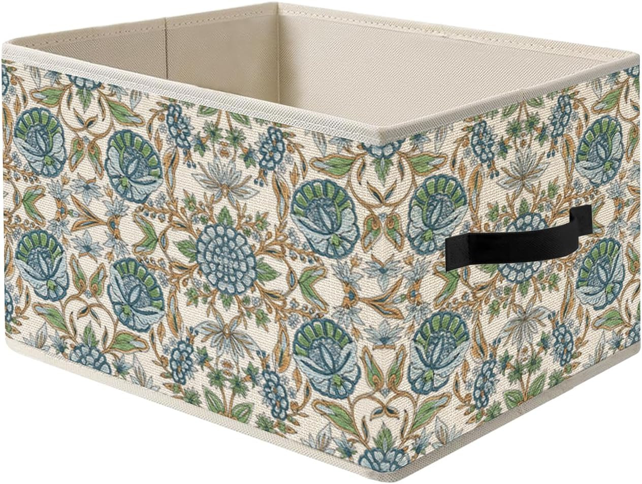 Blue Floral Storage Bin Box with Handles, Vintage French Country Blue and Green Flower Botanical Foldable Organizer Basket Toybox for Bedroom Bathroom Home Clothes Books | Amazon (US)