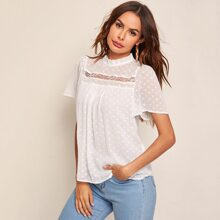 Frill Neck Sheer Lace Insert Swiss Dot Top | SHEIN