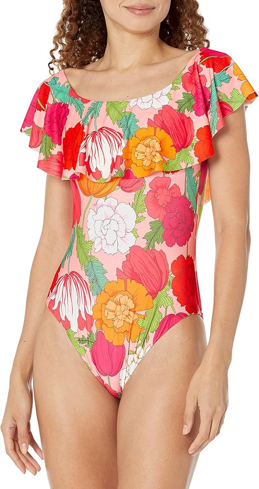 Trina Turk Women's Standard Sunny Bloom Off Shoulder Ruffled Bandeau One Piece Swimsuit-Bathing S... | Amazon (US)