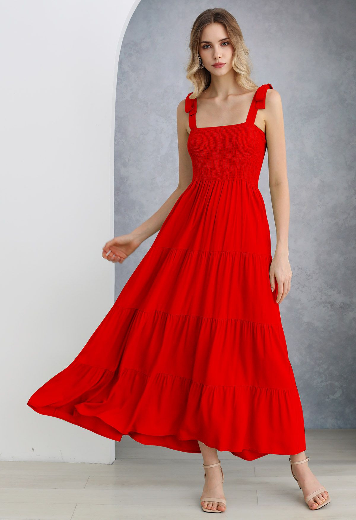 Fluttering Tie-Shoulder Shirred Maxi Dress in Red | Chicwish