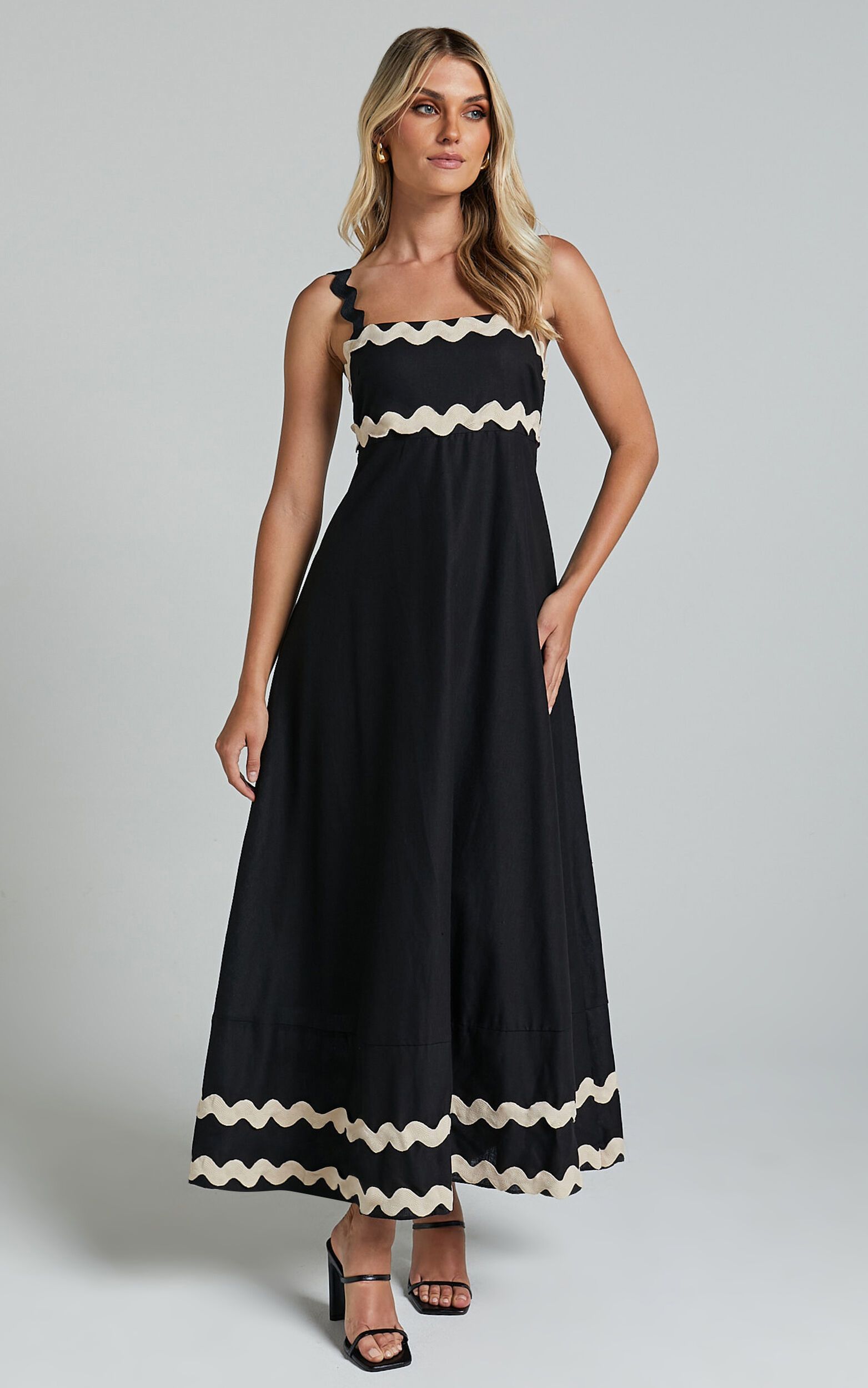 Wenalyn Midi Dress - Straight Neck Wave Detail A Line Dress in Black with Beige Contrast Trim | Showpo (US, UK & Europe)