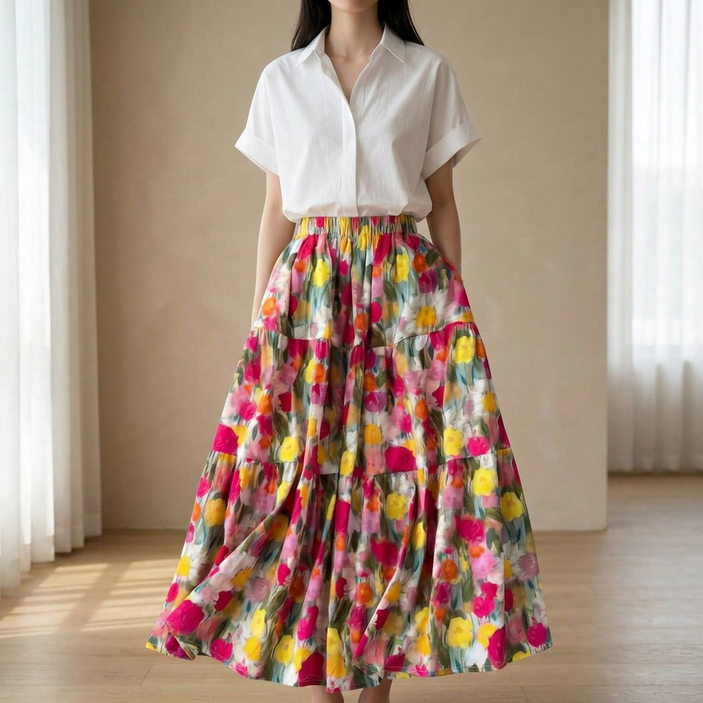 SHEIN VCAY Women's Oil Painting Floral Garden Print Elegant A-Line Skirt | SHEIN