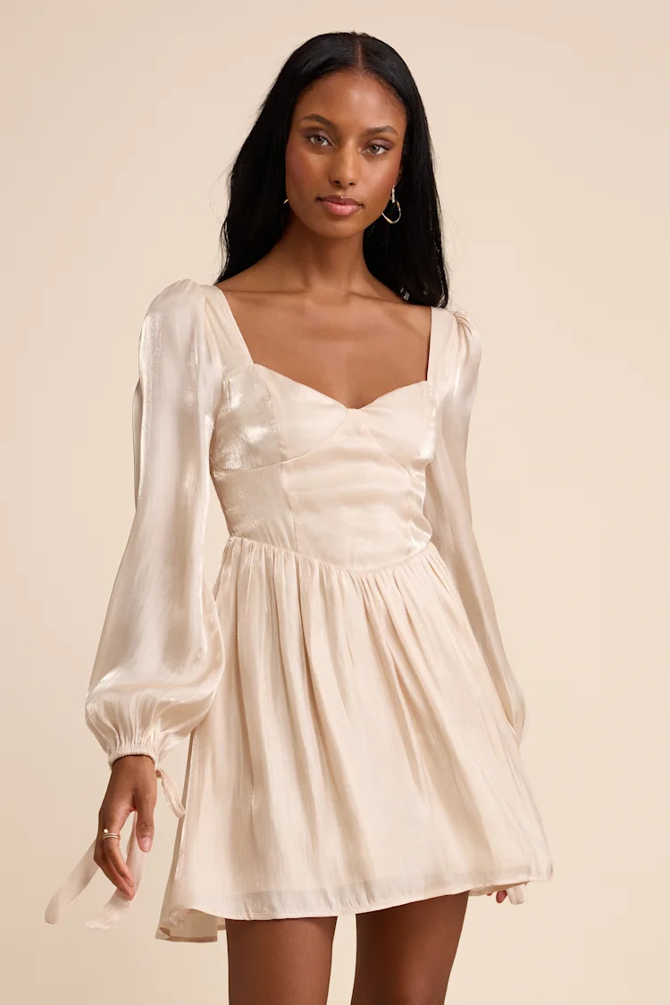 Lirenda Shiny Champagne Balloon Sleeve Tie-Back Mini Dress | Lulus