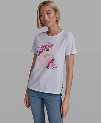 KARL LAGERFELD PARIS Women's Rose Print Crew Neck T-Shirt - Macy's | Macy's
