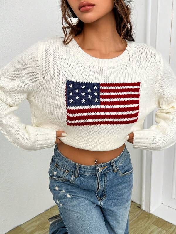 SHEIN EZwear American Flag Pattern Sweater | SHEIN