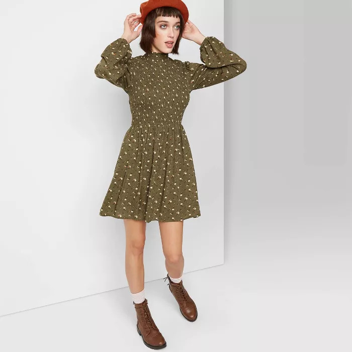 Women's Floral Print Long Sleeve High Neck Smocked Floral Dress - Wild Fable™ Olive | Target