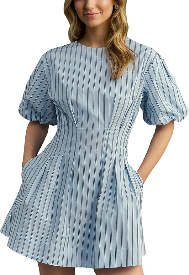 Women Puff Sleeve Mini Shirt Dress Crew Neck A Line Short Dress Cute Pleated Babydoll Dress Summe... | Amazon (US)