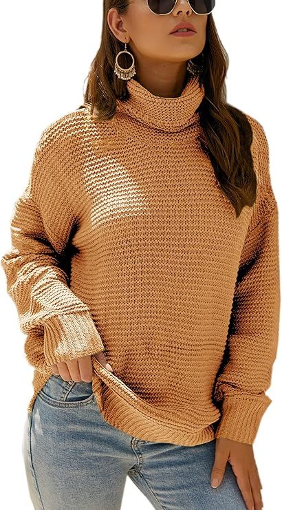 Angashion Women's Casual Long Sleeve Turtleneck Cable Knit Oversized Pullover Sweater Tops | Amazon (US)