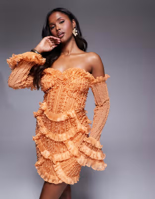 ASOS LUXE gem embellished off shoulder mini dress with scallop hem in orange | ASOS | ASOS (Global)